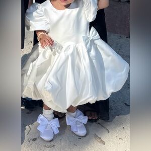 Marryshe Bow cake dress 18-24 months White Satin Dress with Puff Sleeves